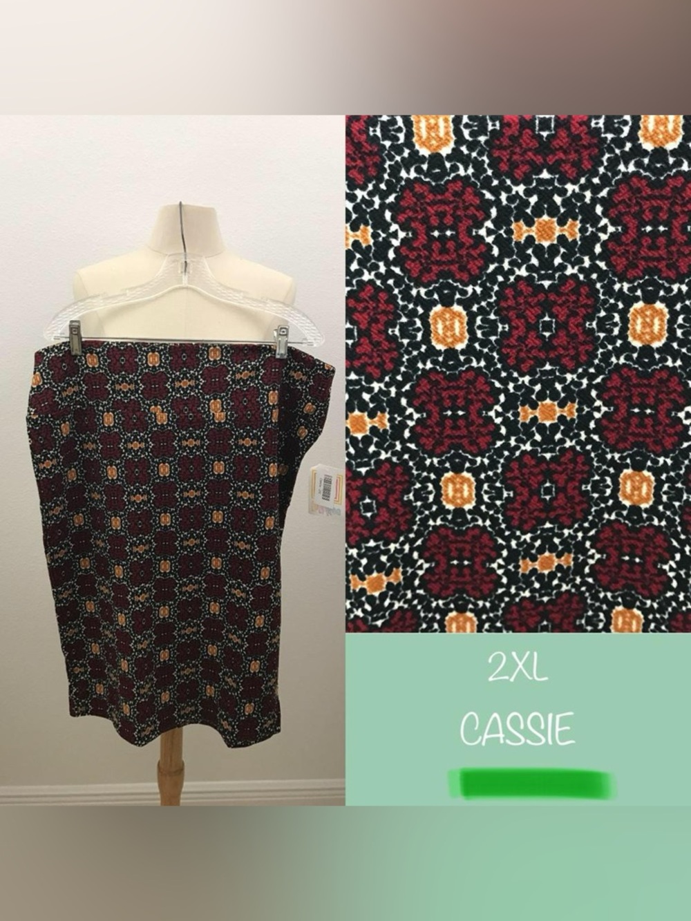 LuLaRoe Cassie Pencil Skirt in Burgundy, Black & Gold Tile Print